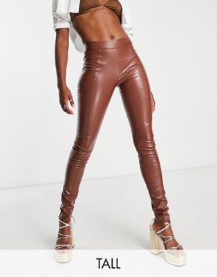 Extro & Vert Tall PU faux leather leggings with seam detail in brown Extro & Vert Tall