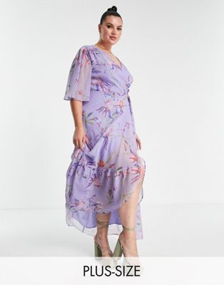 Hope & Ivy Plus flutter sleeve wrap maxi dress in purple floral Hope & Ivy Plus