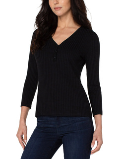 3/4 Sleeve Button Front Rib Knit Henley Top Liverpool