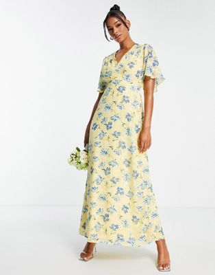 Blume Bridal wrap front maxi with full skirt in lemon floral  Blume Bridal
