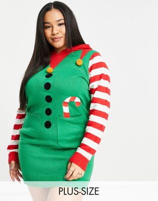 Brave Soul Plus elf christmas sweater dress with hood Brave Soul Plus