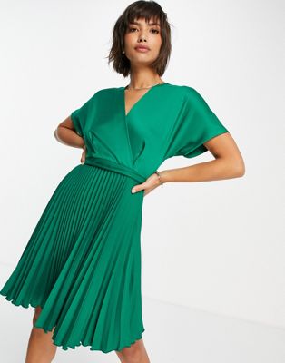 Closet London pleated wrap dress in emerald green  Closet London