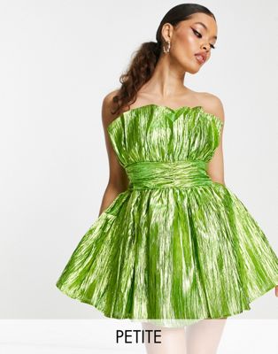 Collective the Label Petite exclusive bandeau ruched waist mini dress in metallic lime green Collective The Label Petite