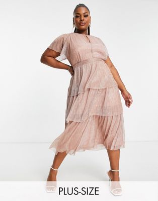 Ever New Curve ruched waist tiered glitter midi dress in rose gold Ever New Curve