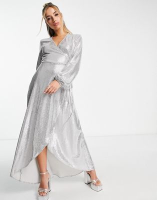 Flounce London long sleeve wrap maxi dress in silver sequin Flounce London