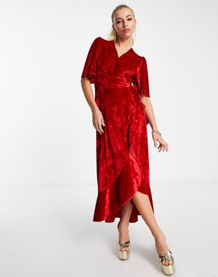Flounce London short sleeve wrap maxi dress in red velvet Flounce London
