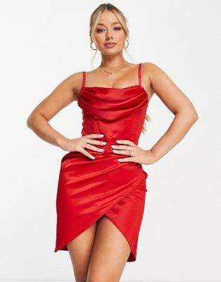 First Distraction the label built in corset satin mini wrap dress in red First Distraction