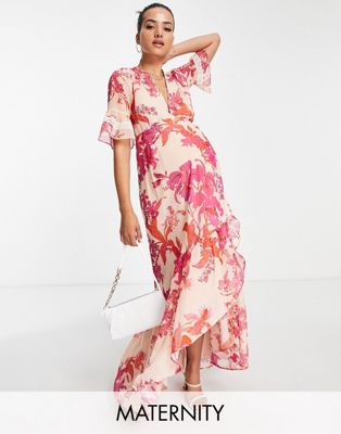 Hope & Ivy Maternity flutter sleeve wrap maxi dress in fuchsia floral Hope & Ivy Maternity