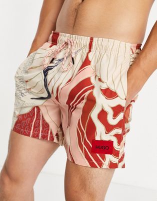 HUGO Miso floral allover print swim shorts with contrast box logo in pink/ white HUGO Bodywear