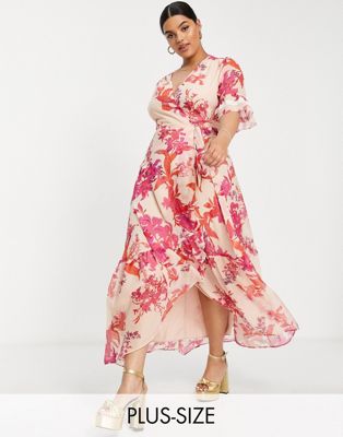 Hope & Ivy Plus flutter sleeve wrap maxi dress in fuchsia floral Hope & Ivy Plus