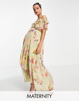 Hope & Ivy Maternity cold shoulder ruffle maxi dress in sage floral Hope & Ivy Maternity