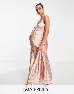 Hope & Ivy Maternity lace insert satin maxi dress in lilac floral Hope & Ivy Maternity
