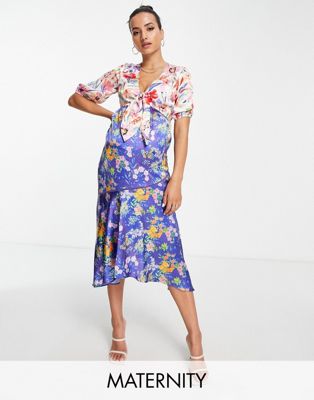 Hope & Ivy Maternity tie front midi tea dress contrast floral Hope & Ivy Maternity