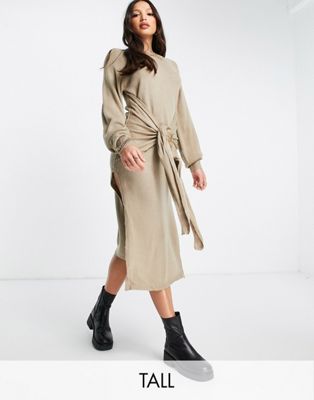 In The Style Tall x Lorna Luxe slit front belt detail midi dress in stone In The Style Tall