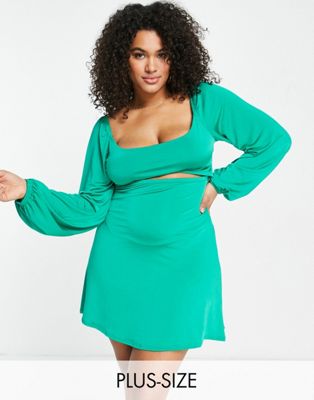 In The Style Plus x Liberty exclusive cut out waist volume sleeve mini skater dress in green In The Style Plus