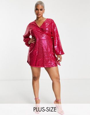 In The Style Plus exclusive sequin wrap detail mini dress in cerise pink In The Style Plus