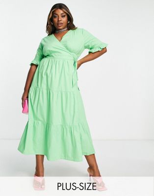 In The Style Plus x Jac Jossa exclusive wrap detail tiered midi dress in green In The Style Plus