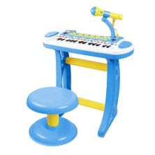 Qaba Kids Toy Keyboard Piano Toddler Electronic Instrument with Stool Microphone and Bright Flashlight for Children Birth Gift Blue Qaba