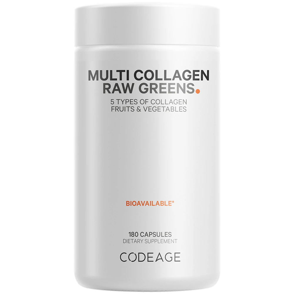 Codeage Multi Collagen Raw Greens Type I II III V & X Hydrolyzed Collagen Peptides -- 180 капсул Codeage