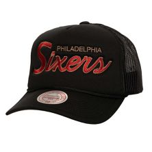 Men's Mitchell & Ness Black Philadelphia 76ers Script Sidepatch Trucker Adjustable Hat Mitchell & Ness